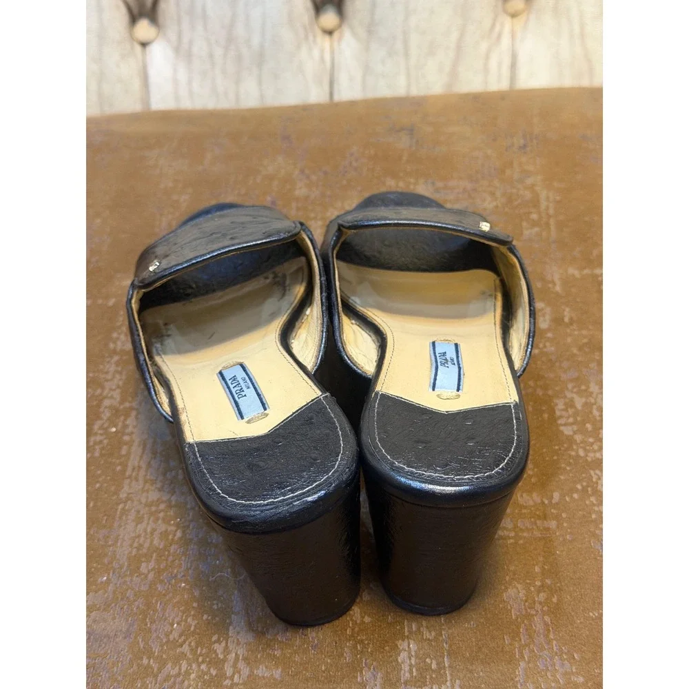 Prada Black Ostrich Embossed Leather Platform Wedge Mules Sandals 39 109-2
